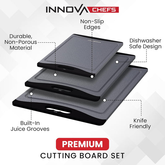 Plastic Cutting Boards for Kitchen (Gray/Black) - 3-Pack of Non-Slip and Reversible Plastic Cutting Board Set for Easy Slicing - Knife-Friendly Chopping Board Set with Juice Grooves