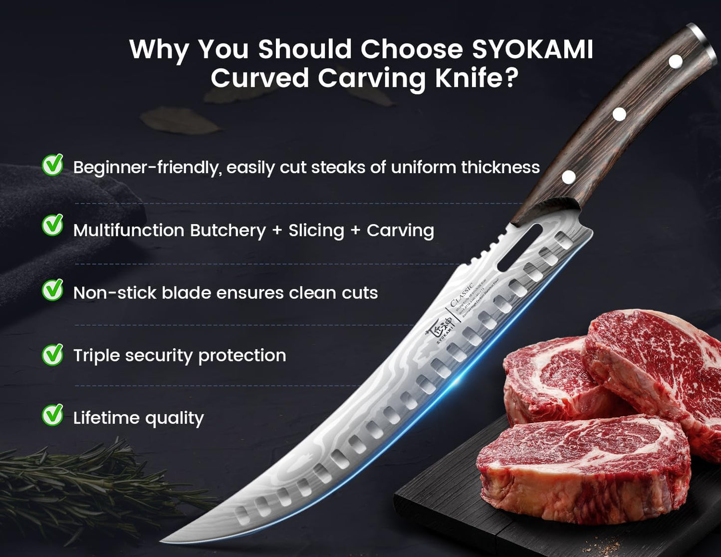 Brisket Slicing Knife, 12 Inch Multifunction Carving Knife for Meat Cutting, Japanese Style Meat Slicer with Wood Full Tang Handle, Damascus Pattern Long Slicing for Roast Beef, Ideal for Gift