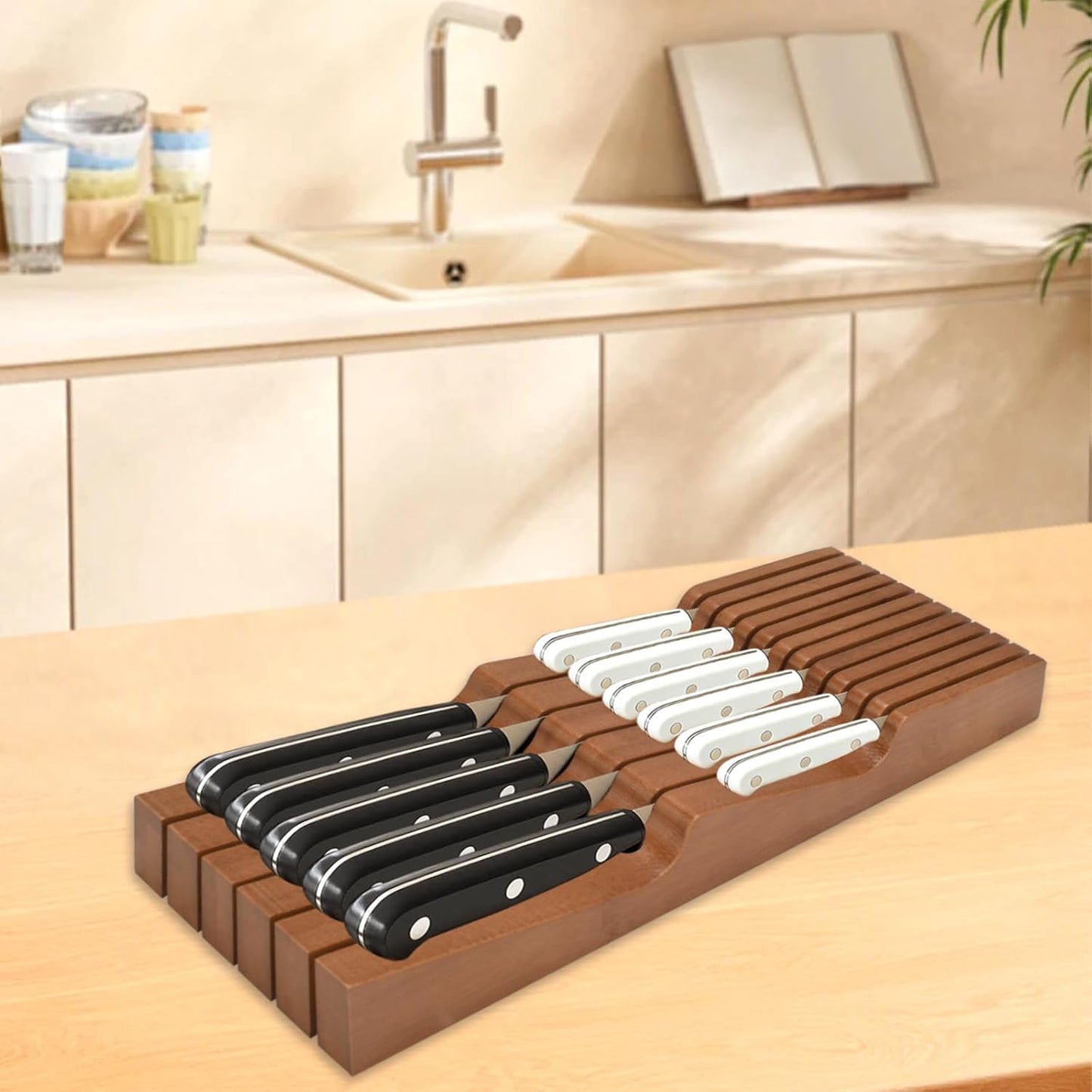 In-drawer Knife Block, Bamboo Kitchen Knife Drawer Organizer Steak Knife Holder without Knives, Fit for 11 Knives