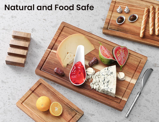 Acacia Wood Cutting Boards for Kitchen(Set of 3),Wooden Chopping Boards Set with Juice Groove,Serving Board with Holder,Butcher Block for Meat,Vegetables,Fruit