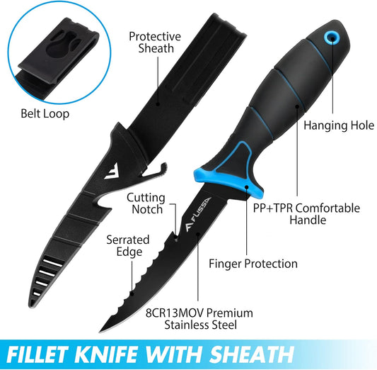 4-Piece Fillet Knife Set with Sharpener Protective Sheath, Belt Clip | Boning Knife & Bait Knives with Non-Slip Handle, Portable Pouch & Corrosion Resistant Coating Blade for Fresh or Saltwater