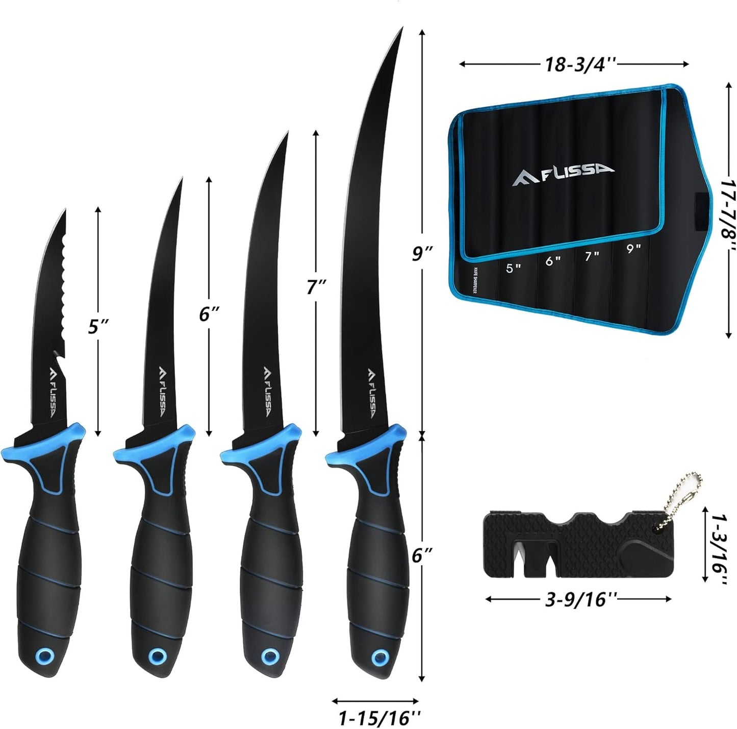 4-Piece Fillet Knife Set with Sharpener Protective Sheath, Belt Clip | Boning Knife & Bait Knives with Non-Slip Handle, Portable Pouch & Corrosion Resistant Coating Blade for Fresh or Saltwater