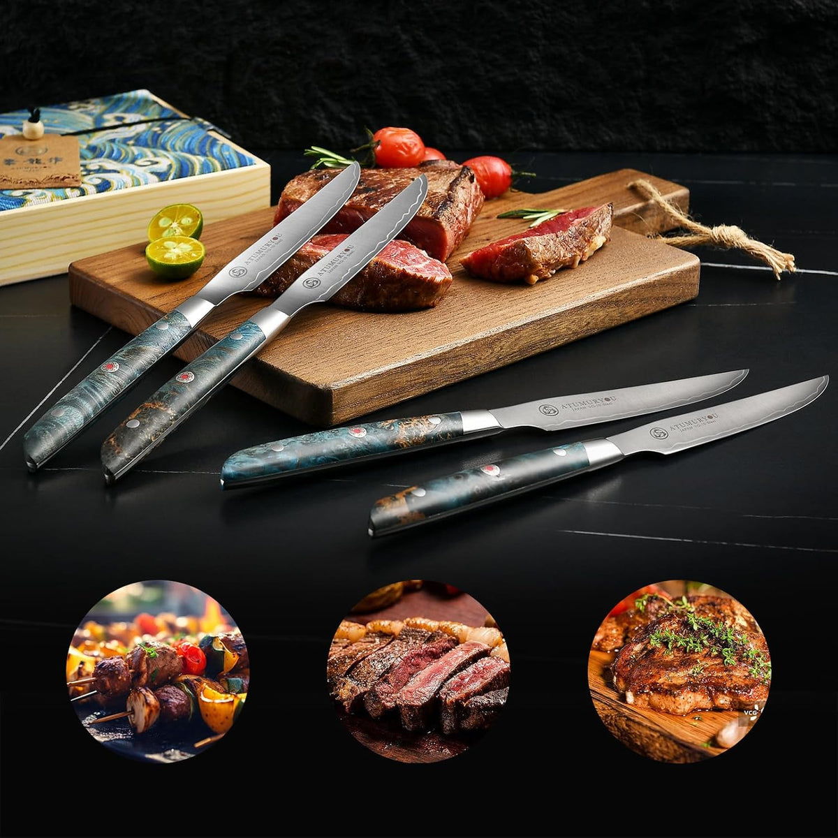 Japanese Steak Knives Set Of 4, 3-Layer VG10 Steel Core | Handcrafted High-Carbon Stainless Steel, Non-Serrated Edge, Steak & BBQ Meats, Stabilized Wood Handle, Premium Wood Box