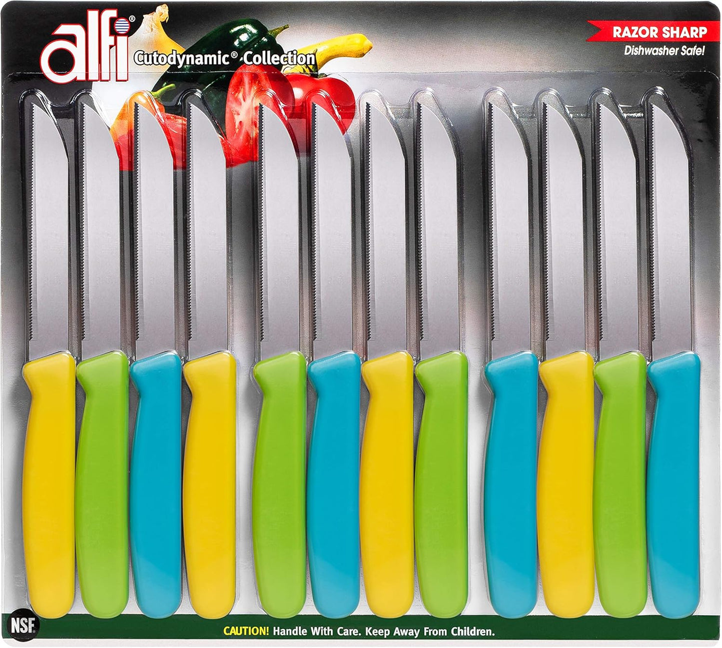 All-Purpose Knives Aerospace Precision Pointed Tip - Home And Kitchen Supplies - Serrated Steak Knives Set | Made in USA (Multi-Color, 12 pack)