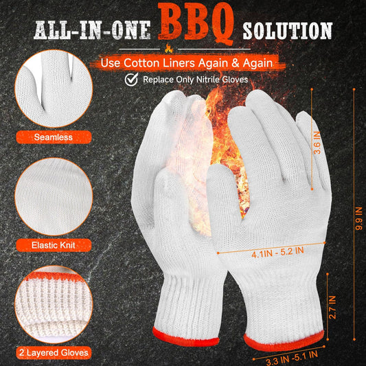 ANBOSON BBQ Gloves,Disposable BBQ Gloves Heat Resistant Cooking | 50 Disposable Nitrile Gloves with 2 Reusable Cotton Liners, Powder Free, Latex Free for Smoking,Grilling,Cooking,Food Prep