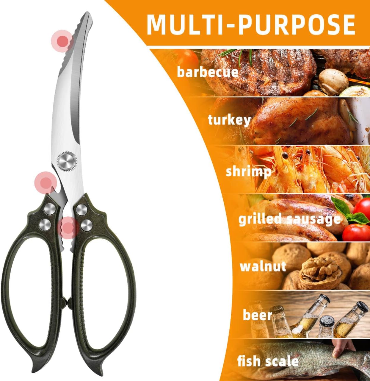10.5" Kitchen Scissors Poultry Shears, Stainless Steel | Micro-Serrated Edge \| Aviation Aluminum Handle \| Heavy Duty Scissors for Chicken, Bone, Fish & BBQ