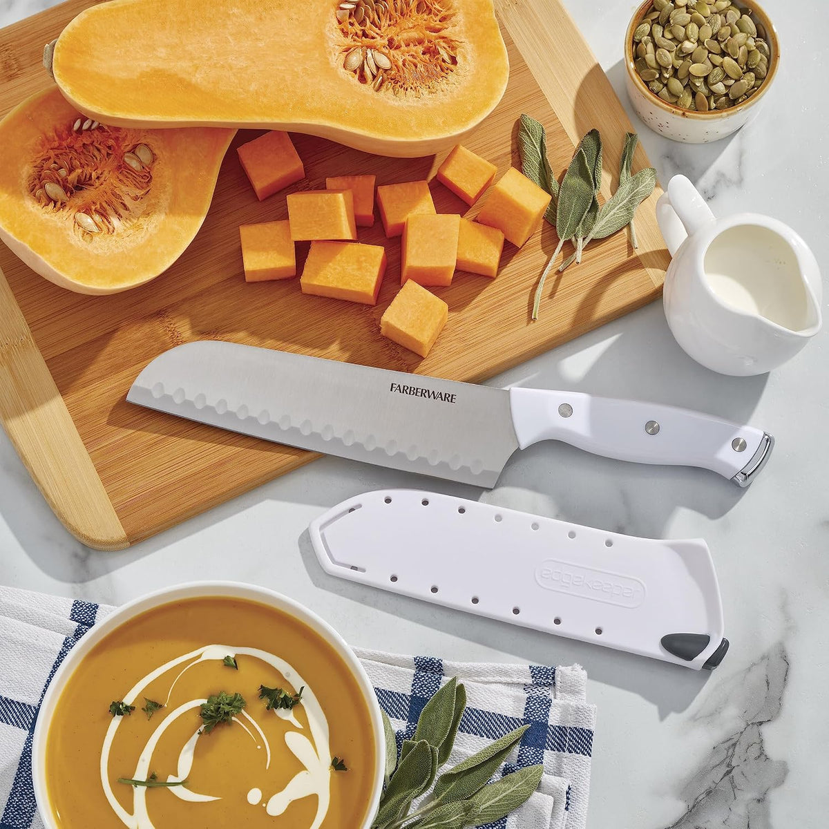 Edgekeeper Triple Riveted Santoku Knife with Self-Sharpening Blade Cover, High Carbon-Stainless Steel Kitchen Knife with Ergonomic Handle, Razor-Sharp Knife, 5 Inch, White