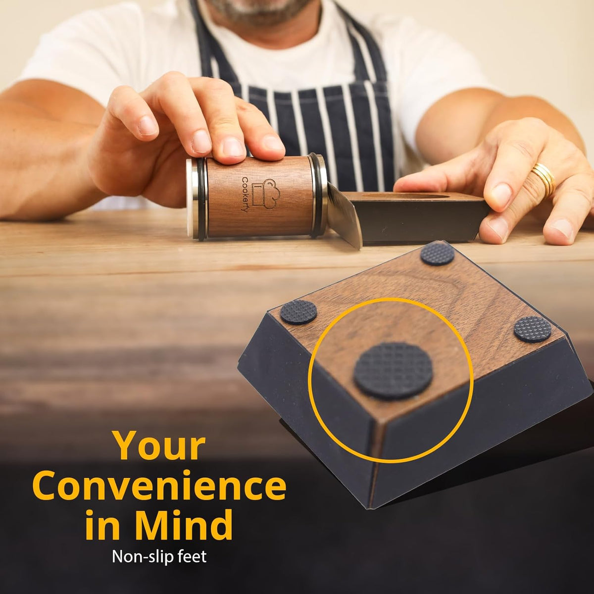 American Black Walnut Rolling Knife Sharpener - Kitchen Knife Sharpener with 4 Angles & Leather Strop - Afilador de Cuchillos SS304 Shaft - Sharpening Kit with Diamond-Coated & Ceramic Discs