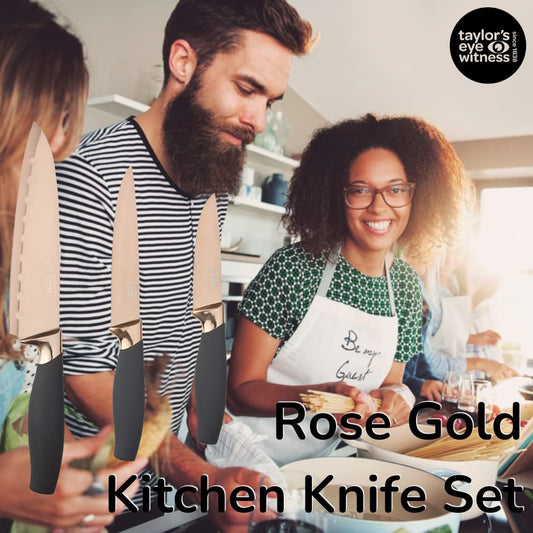 3pc Kitchen Knife Gift Set - Brooklyn . Rose Gold Colored Bolsters, Matching Finely Ground Razor Sharp Titanium Coated Blades. Soft Grip Handles. 2yr Peace of Mind