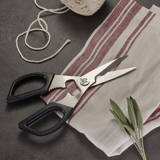 Kitchen Shears, Precisely Sharpened Stainless Steel Blades, Long Lasting Sharpness, Smooth Cutting Accuracy, Handles Designed for Comfort, Screw Cap and Bottle Cap Opener, Made in Japan