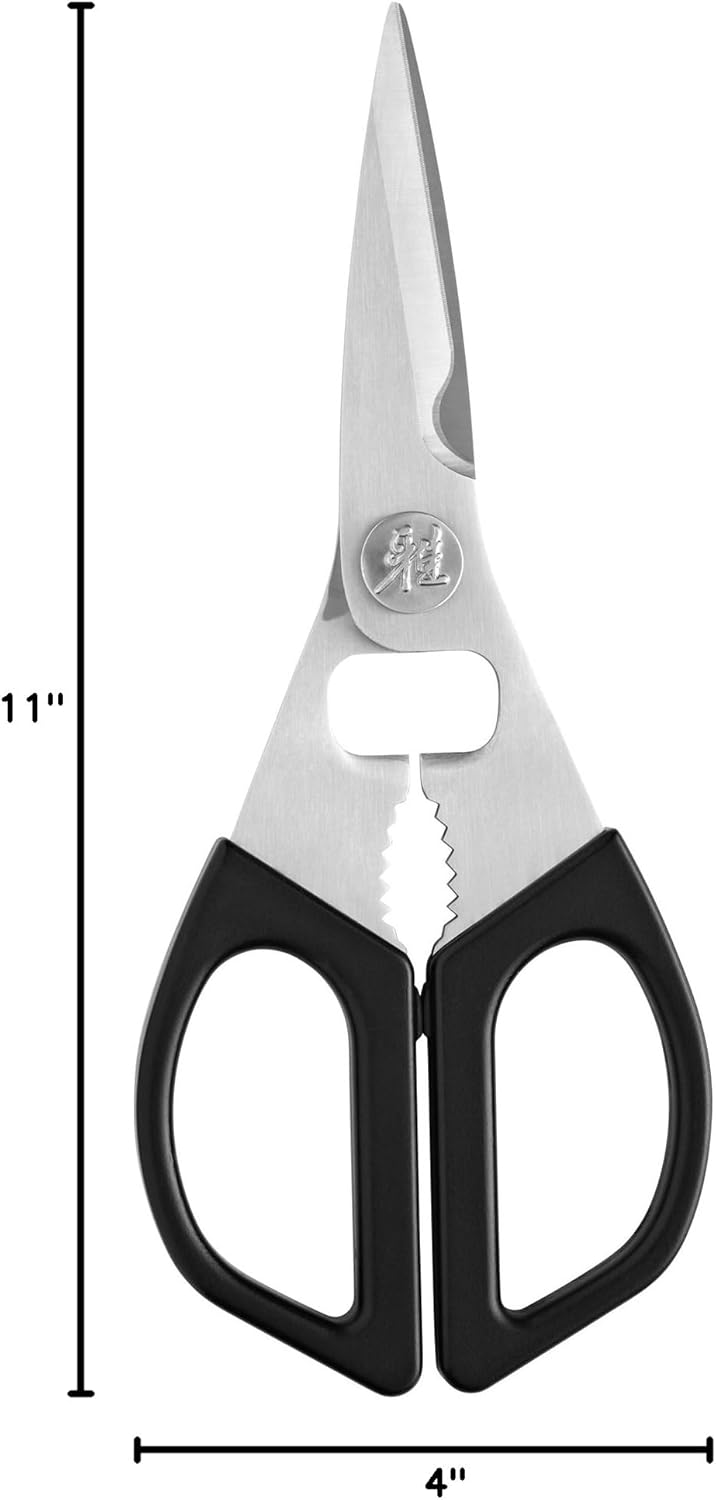 Kitchen Shears, Precisely Sharpened Stainless Steel Blades, Long Lasting Sharpness, Smooth Cutting Accuracy, Handles Designed for Comfort, Screw Cap and Bottle Cap Opener, Made in Japan