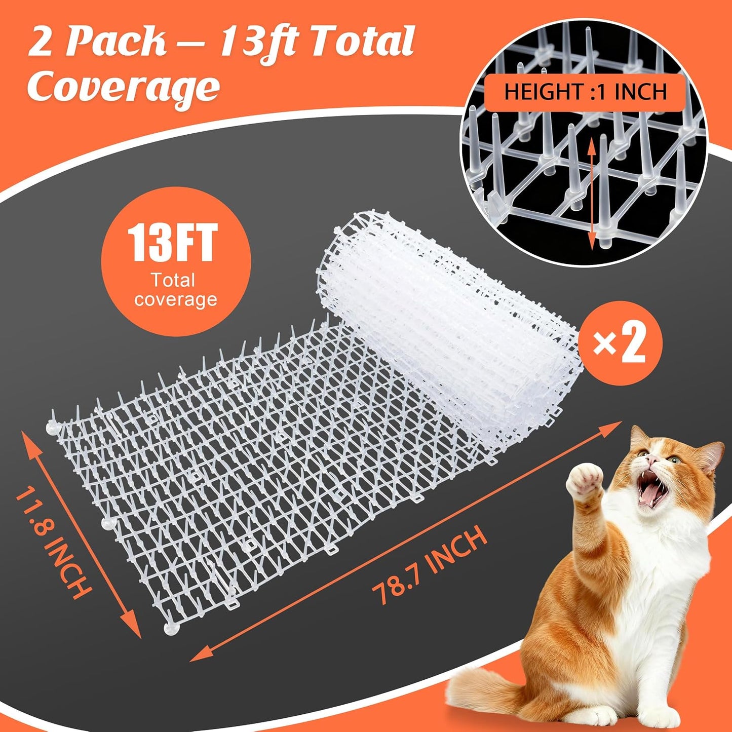 6.5ft Cat Scat Mat with Soft Spikes, Humane Indoor/Outdoor Cat Deterrent Mat for Garden, Countertops & Furniture, 78" x 11" Plastic Repellent Strip