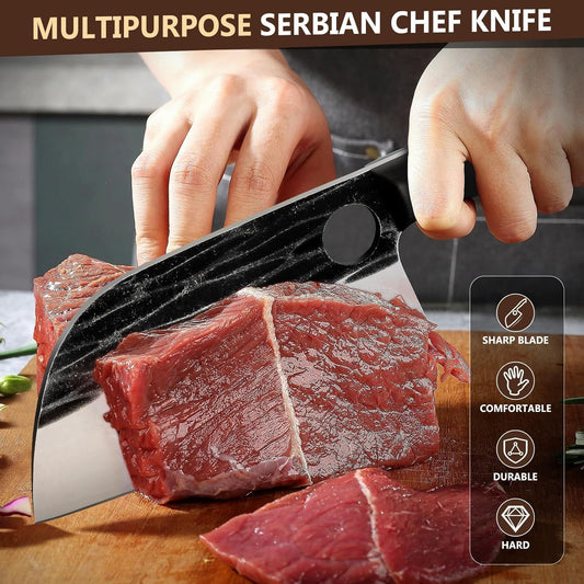 Huusk Serbian Chef Knife Hand Forged Meat Cleaver with Sheath | High Carbon Steel, Full Tang handle, Gift Box, Heavy Duty Butcher Knife for Kitchen or Camping Outdoor