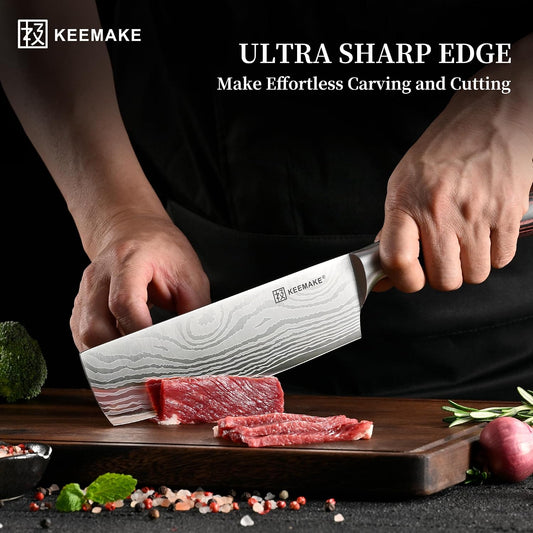 7 Inch Nakiri Knife - Japanese Kitchen Vegetable Cleaver, Razor Sharp German High Carbon Meat Slicing Cutter, Ergonomic Pakkawood Handle with Sheath, Father Day Gifts