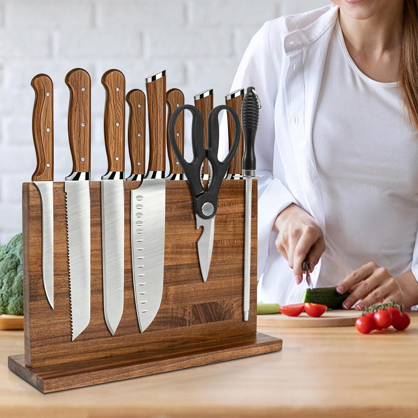 Magnetic Knife Holder,Double Sided Magnetic Knife Block for Kitchen Counter,Acacia Wood Strong Magnet Knife strip