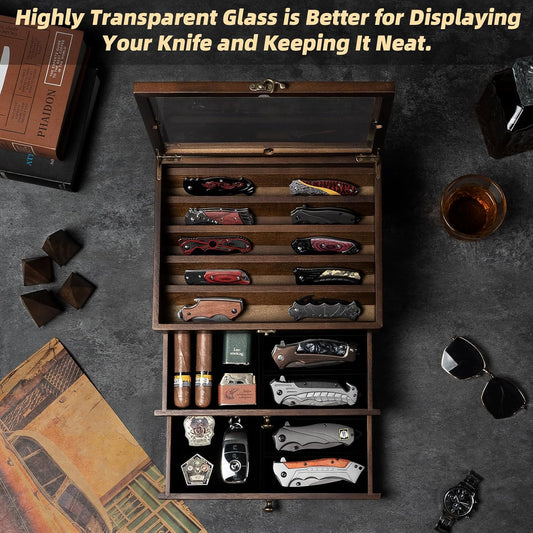 Knife Display Case, Knife Collection Display Holder with Glass Lid, 3-Layer Wooden Pocket Knife Case with Drawers (Walnut)