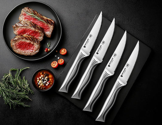 4.5 Inch Serrated Steak Knives Set of 8, Ultra Sharp, Shark Series | Effortless Smooth Cuts, High Carbon Stainless Steel, Upgraded Ergonomic Handle, NSF Certified, Elegant Gift Box