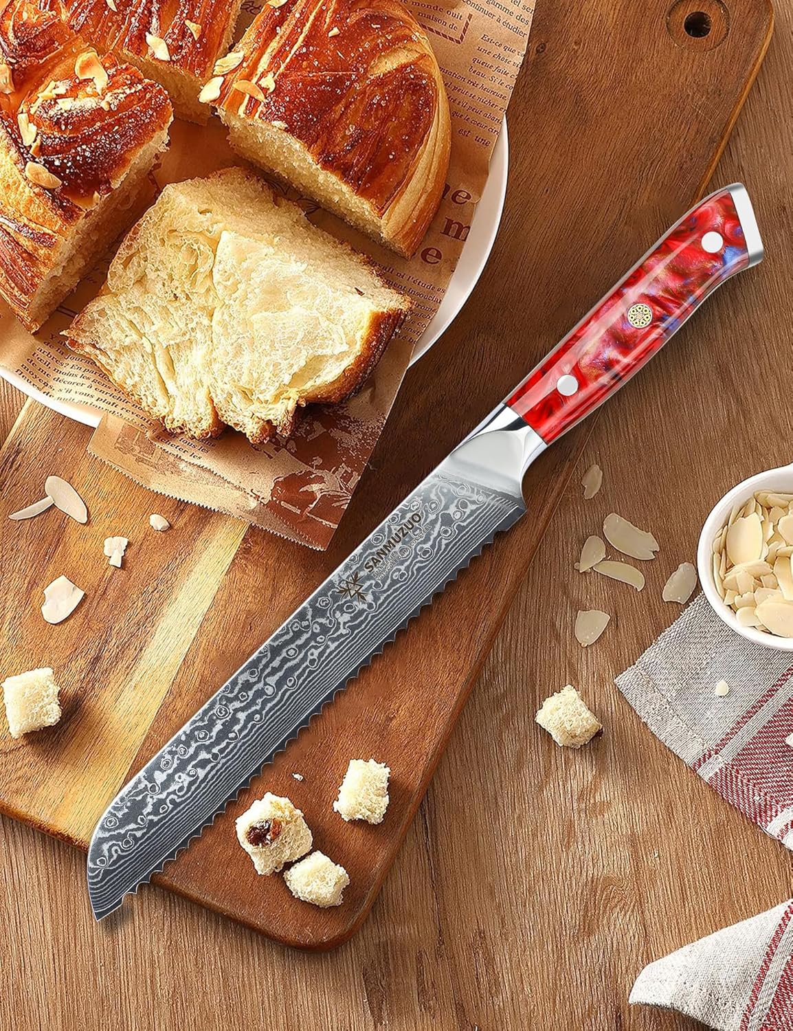 8” Bread Knife Serrated Kitchen Chef Knife - Damascus Steel & Resin Handle - Xuan Series (Jade Green)