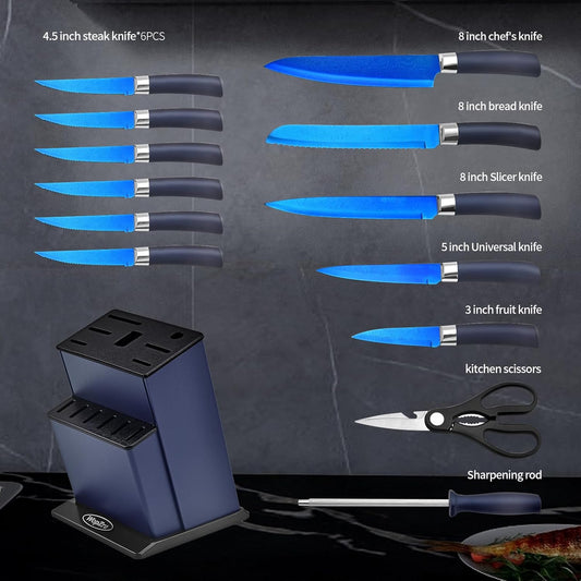 Knife Set, Kitchen Non Stick Knives Set with Block Thick Blade Cutlery Knife Block Sets with Sharpener 6pcs Steak Knife Shears Chef Sharp Quality Aluminum Alloy Block Blue Handle and Blade