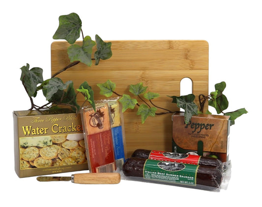 Charcuterie Board Gift Set – Bamboo Cutting Board, Three-Pepper Crackers, Italian Sausage, Wisconsin Cheese, Cheese Spread, and Knife – Wedding or Housewarming Gift