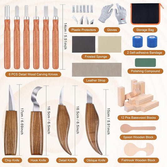 42pcs Wood Carving Tools Kit, Wood Whittling Knife Set for Beginners, Wood Carving Knife Set with 12 Basswood Blocks, Woodworking Kit DIY Hobbies for Adults Spoon Bowl Kuksa Cup