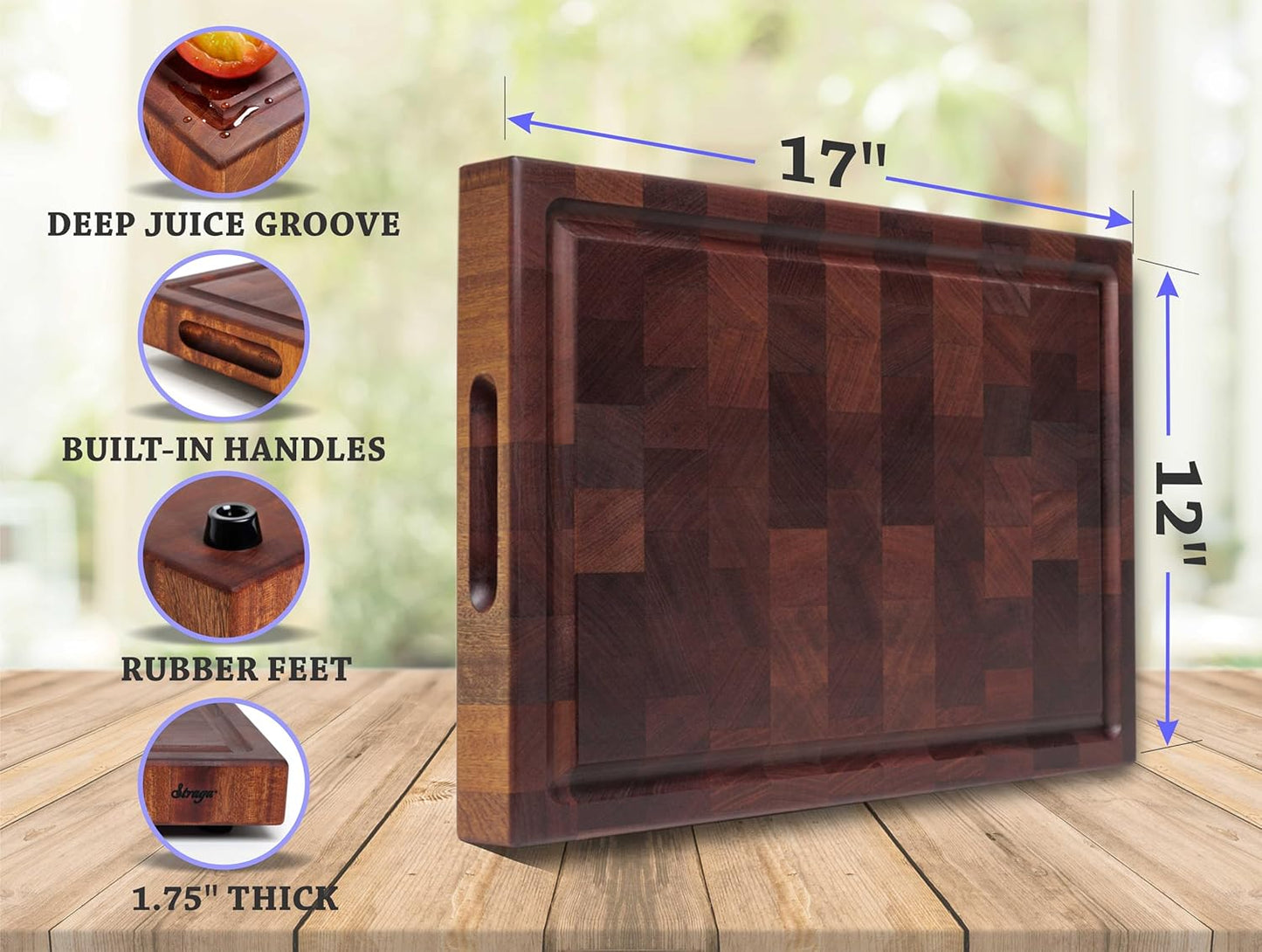Handmade Reversible End Grain Mahogany Heavy-Duty Chopping Block with Non-Slip Feet, Deep Juice Groove, Built-in Handles - Ideal for Cutting Meat, Cheese, Vegetables (17" x 12", Mahogany)