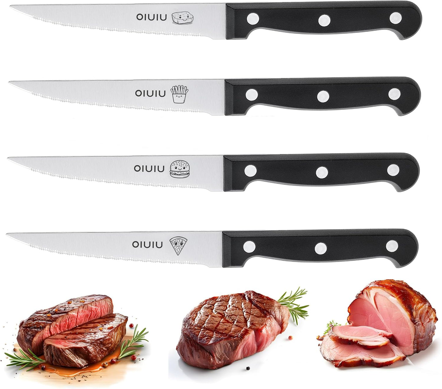 Steak Knives Set of 4, Stainless Steel Serrated Steak Knife Set, Dishwasher Safe (Unique Food Themed Design)