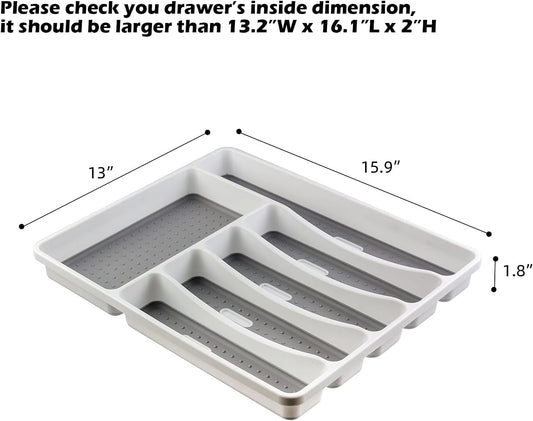 Silverware Organizer Tray for Drawer, 6 Compartment Kitchen Drawer Organizer, Soft Grip Lining and Non-Slip Rubber Feet, Flatware Plastic Cutlery Tray