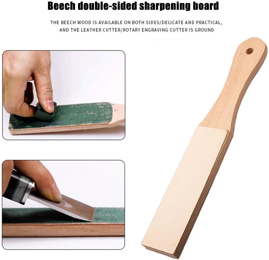 Double Side Leather Strop for Knife Sharpening - 11"x 1.6" Stropping Block Kit with Polishing Compound, Knife Strop with Ergonomic Handle for Honing Knives, Woodworking Chisels