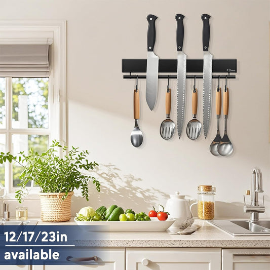 Dmore magnetic knife holder for wall—with 5 hooks, No Drilling 12 Inch black knife magnetic strip, Extra Strong Magnet knife rack, include Adhesive Tape and screws for Knives and Tools