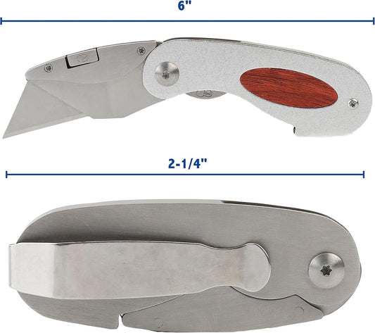 Folding Utility Knife, Accepts Standard Utility Knife Blades, Box Cutter Aluminum Handle, Attractive Wood Finish, For Home, Office, Trades, and Warehouse