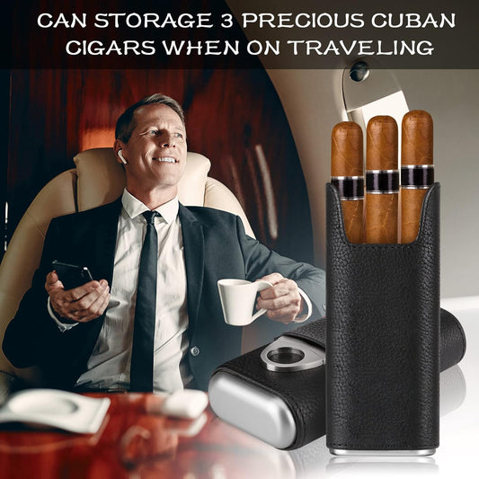 Leather Cigar Case - Cedar Wood Lining Travel Humidors for Cigars - Cigar Accessories Include Stainless Steel Cigar Cutter - Cigar Gift Box for Cigar Lovers (Black)
