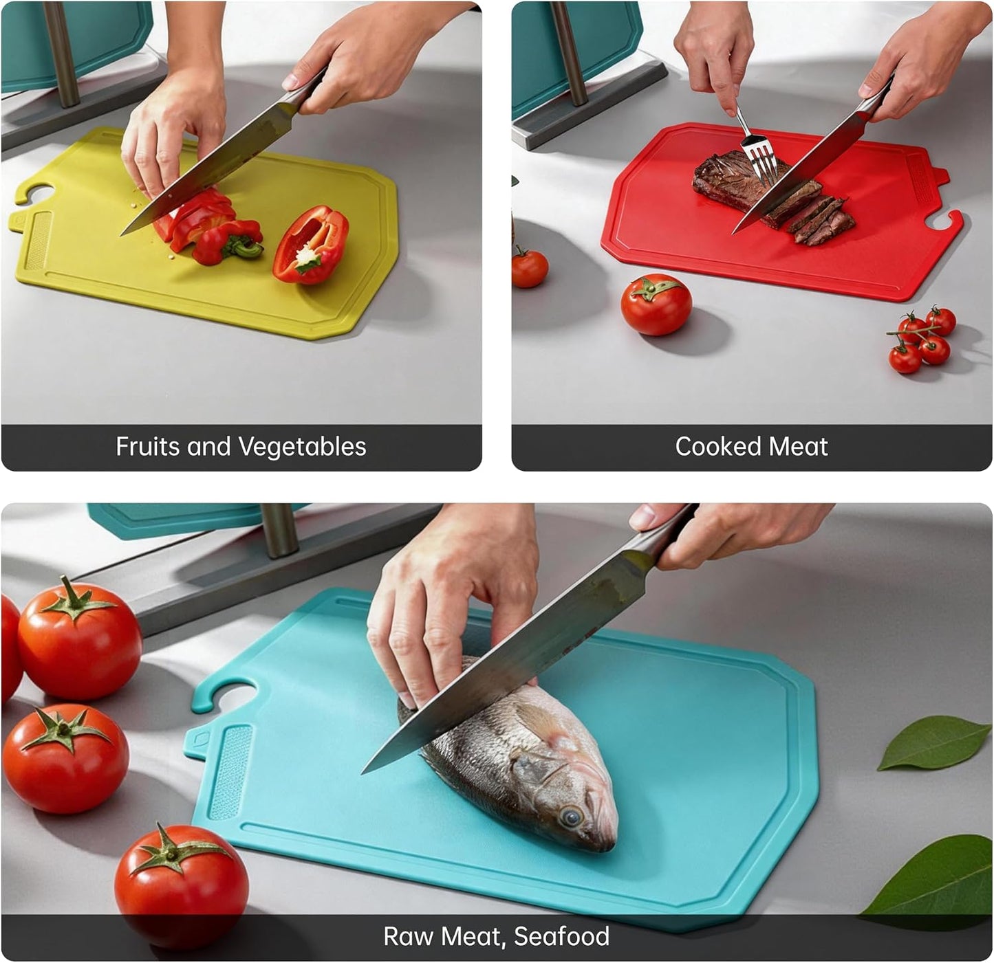 Cutting Boards for Kitchen, Plastic Cutting Board Set of 3,Colorful Chopping Boards With Storage Stand,Food Icon,Non-Slip, Meat Cutting Board For Kitchen,Dishwasher Safe (13.3"X 9.8" X 2.3" )