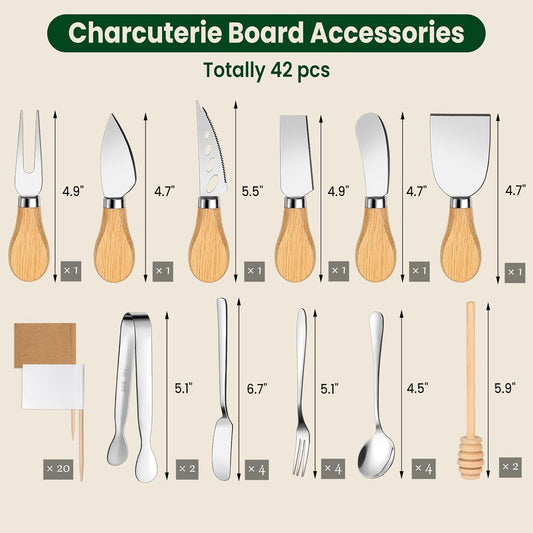 Charcuterie Board Accessories, 23 Pieces Silver Stainless Steel Cheese Knife Set with Wooden Handle for Charcuterie Utensils, Mini Serving Tongs Spreaders Spoons Forks Honey Dippers and Flags