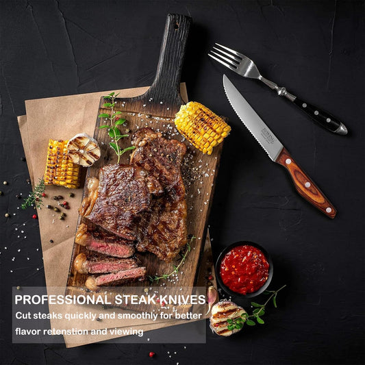 Steak Knives Set of 8, Serrated German Steel, Pakkawood Handles | 4.7-inch Serrated High-carbon Stainless Steel Blades, Full Tang, Comfortable Grips