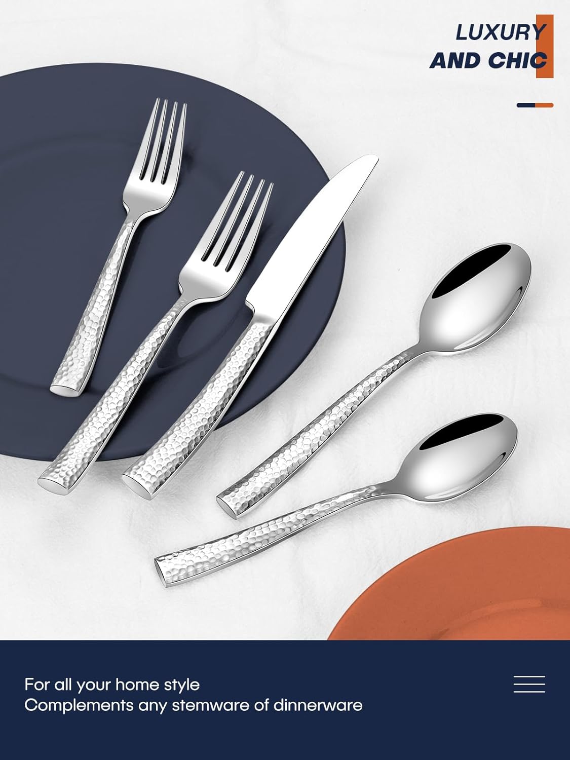 Stapava 48 Pcs Black Hammered Silverware Set with Steak Knives, Stainless Steel Flatware Set for 8, Mirror Cutlery Include Forks Spoons and Knives Set for Home Hotel, Dishwasher Safe Utensils