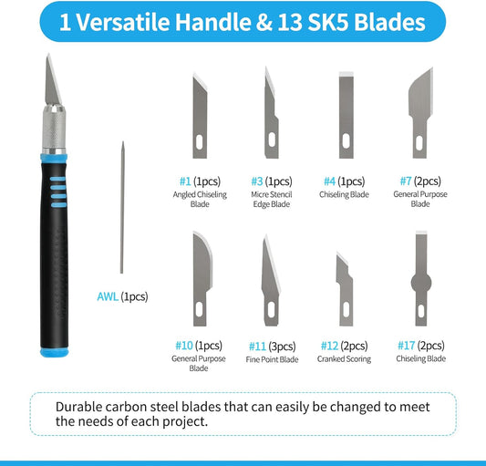 Precision Hobby Knife Set with 13 Blades - Craft and Exacto Knife Set for Art, Scrapbooking, Architecture Modeling, Crafting, Stenciling, Scoring - Versatile Art Knife Tool (Blue)