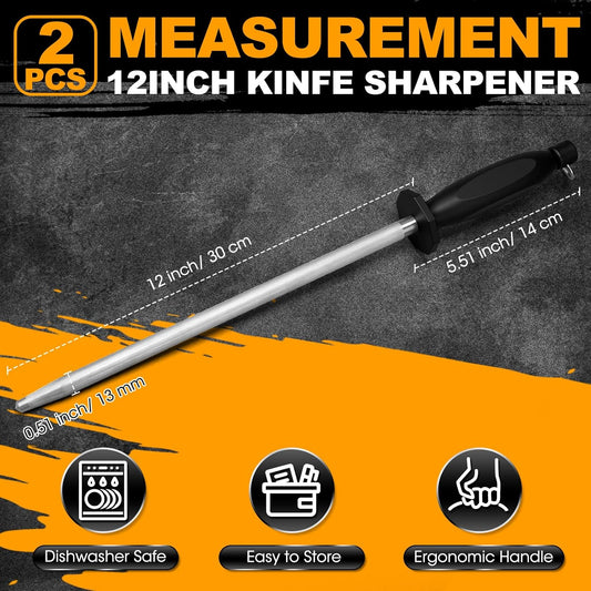 2 Pack Carbon Steel Honing Rod Set, 12 Inch Knife Sharpening Rods – Professional Sharpening Steel with Nickel-chrome Plating, Non-slip Handle for Kitchen & Chef Knives