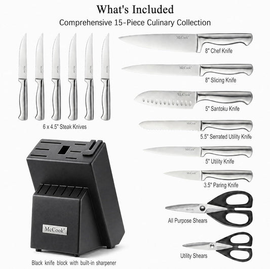 ® Knife Sets, German Stainless Steel Knife Block Sets with Built-in Sharpener, 15 Piece Chef Knife and More, Razor Sharp, Restaurant Grade, Anti-Rust, Elegant Box for Gift