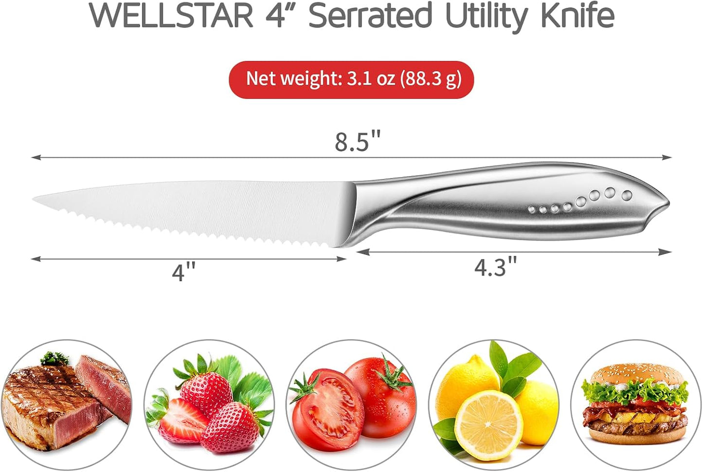 Utility Knife, 4 Inch Serrated Paring Knife with Super Sharp High Carbon Stainless Steel Blade for Fruit Vegetable Cutting Peeling Slicing – Silver