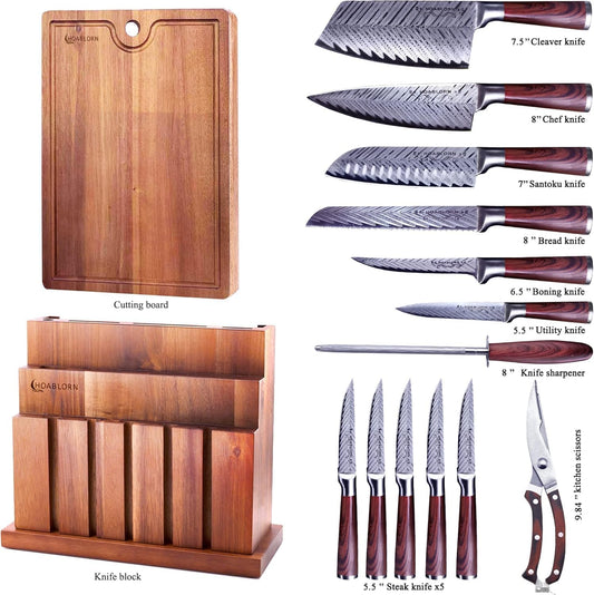 Damascus Knife Block Set – Premium 20-Piece Chef Knife Set with Extra Cutting Board & Wine Corkscrew, High Carbon Stainless Steel, Elegant Housewarming Gift