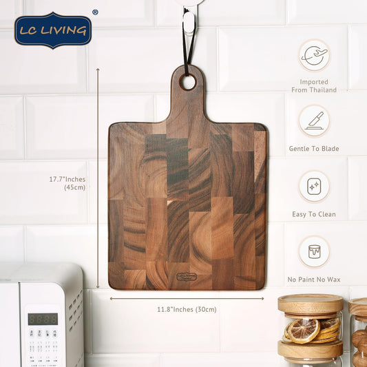 Thai End Grain Acacia Wood Grande Square Cutting Board w/Handle, best for chopping serving butcher board, prep station, kitchen deco, cheese, meat, bread, veggies & fruits, 17.7"x11.8"
