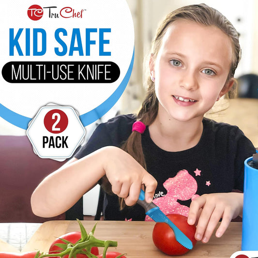 2-Piece Kids Tomato & Steak Knife Set | Safe Stainless Steel Serrated Knives for Real Cooking | Skin-Friendly Blade, Lightweight & Easy Grip – Kitchen Tool for Kids & Beginners (2 pcs)