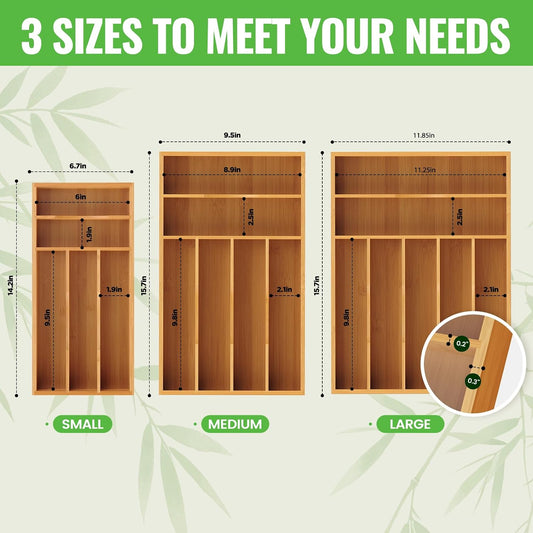 Bamboo Silverware Organizer, 12 Inch Bamboo Kitchen Drawer Cutlery Organizer, Utensil Holder, Flatware Organizer Tray (15.8"x11.9"x1.6")