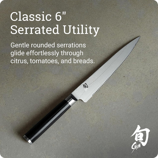 Classic 6" Serrated Utility Knife, Handcrafted Japanese Knife, VG-MAX Core with Damascus Stainless Steel Cladding, Pakkawood Handle, Precision and Sharpness for Professional and Home Chefs