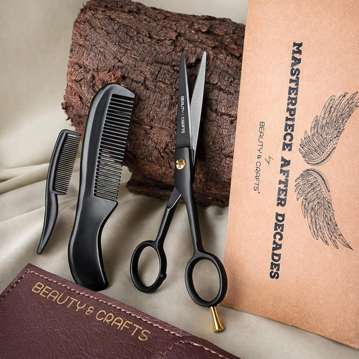 5” Professional Beard & Mustache Scissors for Men | German Stainless Steel Beard Trimming Shears with 2 Mustache Combs & Premium Pouch for All Facial Hair (Black)