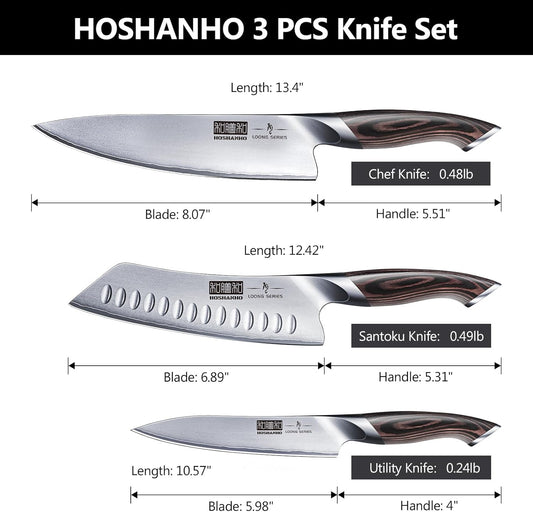 3 Pieces Knife Set, Professional Japanese Kitchen Knife Set | Ultra Sharp Japanese High Carbon Stainless Steel Chef Knives Sets with Ergonomic Pakkawood Handle