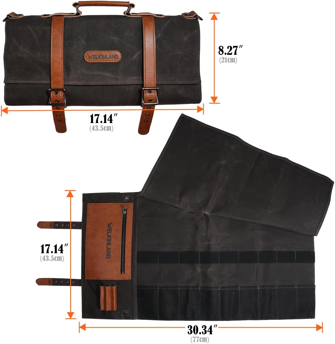 13-Pocket Knife Roll, Waxed-Canvas Leather Knife Roll Bag, Heavy-Duty Chef Knife Roll Bag, WaterProof Knife Wrap Roll, Portable Chef Knife Roll Up, Chef Knife Bags And Rolls
