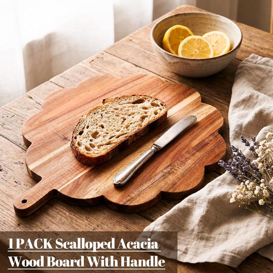 Scalloped Acacia Wood Boards Wooden Cutting Board for Bread Meat Cutting Boards Fruit Cheese Serving Butcher Block Supplies 11.81 x 11.81 x 0.63 Inches