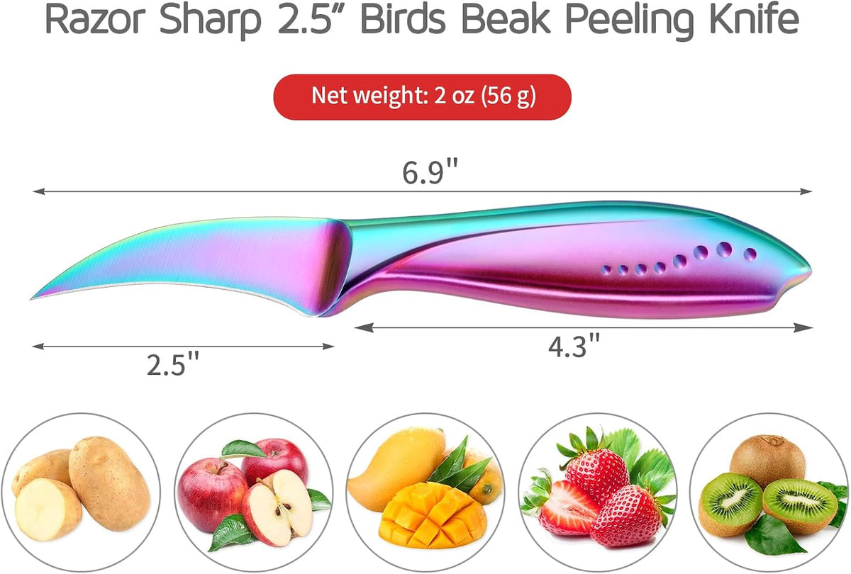 Birds Beak Paring Knife, 2.5 Inch Peeling Knives with Rainbow Titanium Coated High Carbon Stainless Steel Curved Blade for Fruit and Vegetable Garnishing Cutting